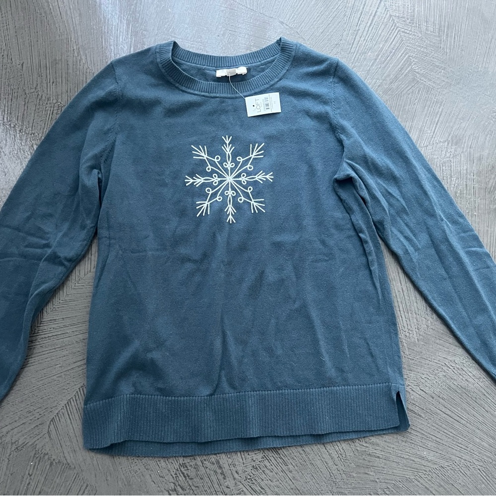 Loft Outlet Blue 100% Cotton Sweater with Embroidered Snowflake, Size Medium NWT